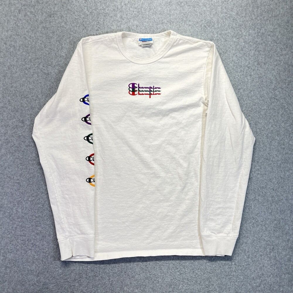 Champion Retro Graphic T-Shirt Men’s M White Multi-Color Long-Sleeve